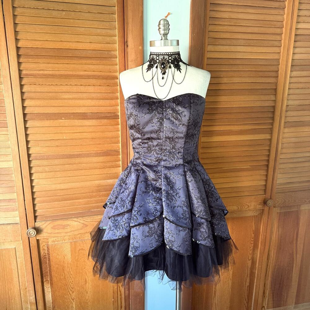 Dark Fairycore Vintage Style Gothic Formal Retro Purple Rose Black Tulle Dress